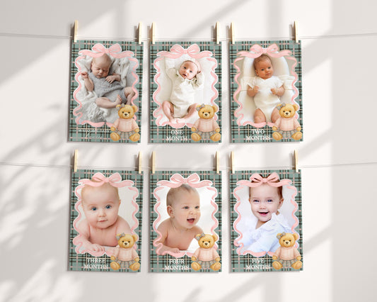 Pink Coquette Bear Girl 1st Birthday Milestone Banner Template, Beary 1st Birthday Decor, Old Money Birthday, Tartan Plaid Bow Party WP1081