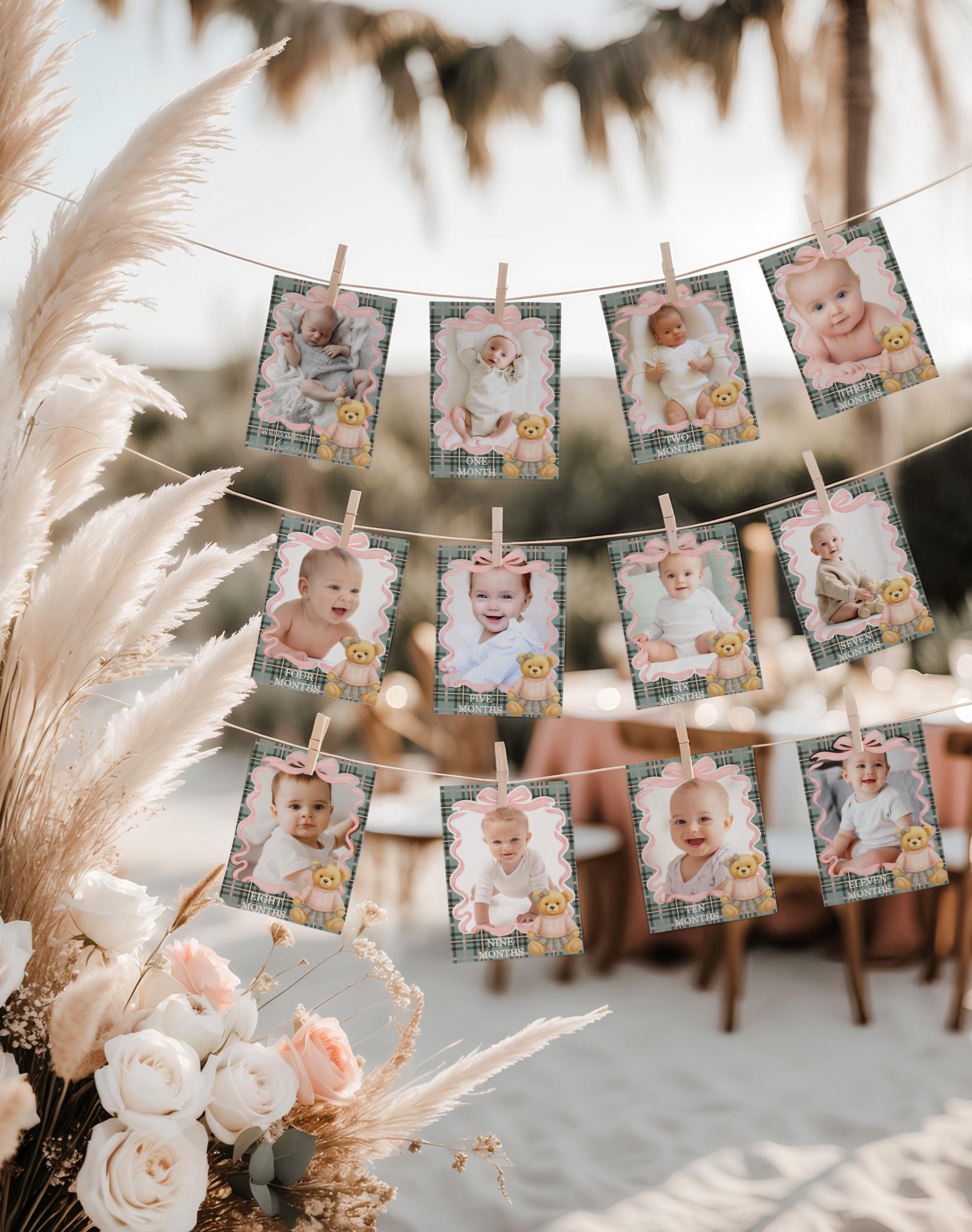 Pink Coquette Bear Girl 1st Birthday Milestone Banner Template, Beary 1st Birthday Decor, Old Money Birthday, Tartan Plaid Bow Party WP1081