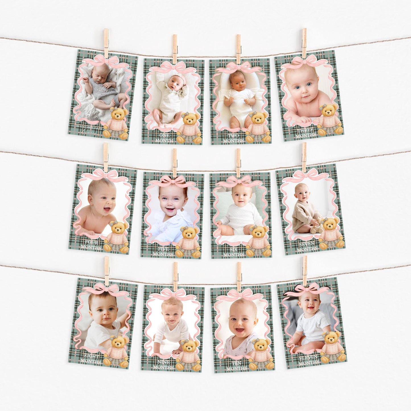 Pink Coquette Bear Girl 1st Birthday Milestone Banner Template, Beary 1st Birthday Decor, Old Money Birthday, Tartan Plaid Bow Party WP1081