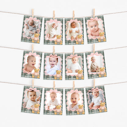 Pink Coquette Bear Girl 1st Birthday Milestone Banner Template, Beary 1st Birthday Decor, Old Money Birthday, Tartan Plaid Bow Party WP1081