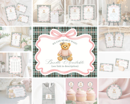 Pink Coquette Bear Girl 1st Birthday Milestone Banner Template, Beary 1st Birthday Decor, Old Money Birthday, Tartan Plaid Bow Party WP1081