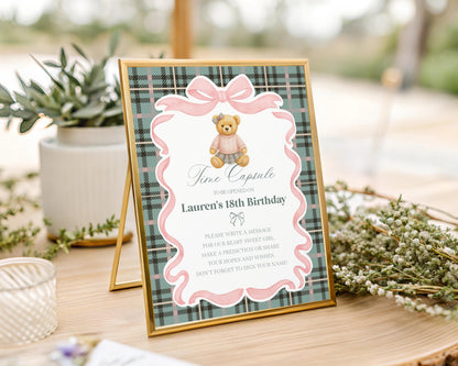 Pink Coquette Bear Time Capsule Template, Beary First Birthday Decor, Old Money Birthday Party, Tartan Plaid Coquette Bow Party Decor WP1081