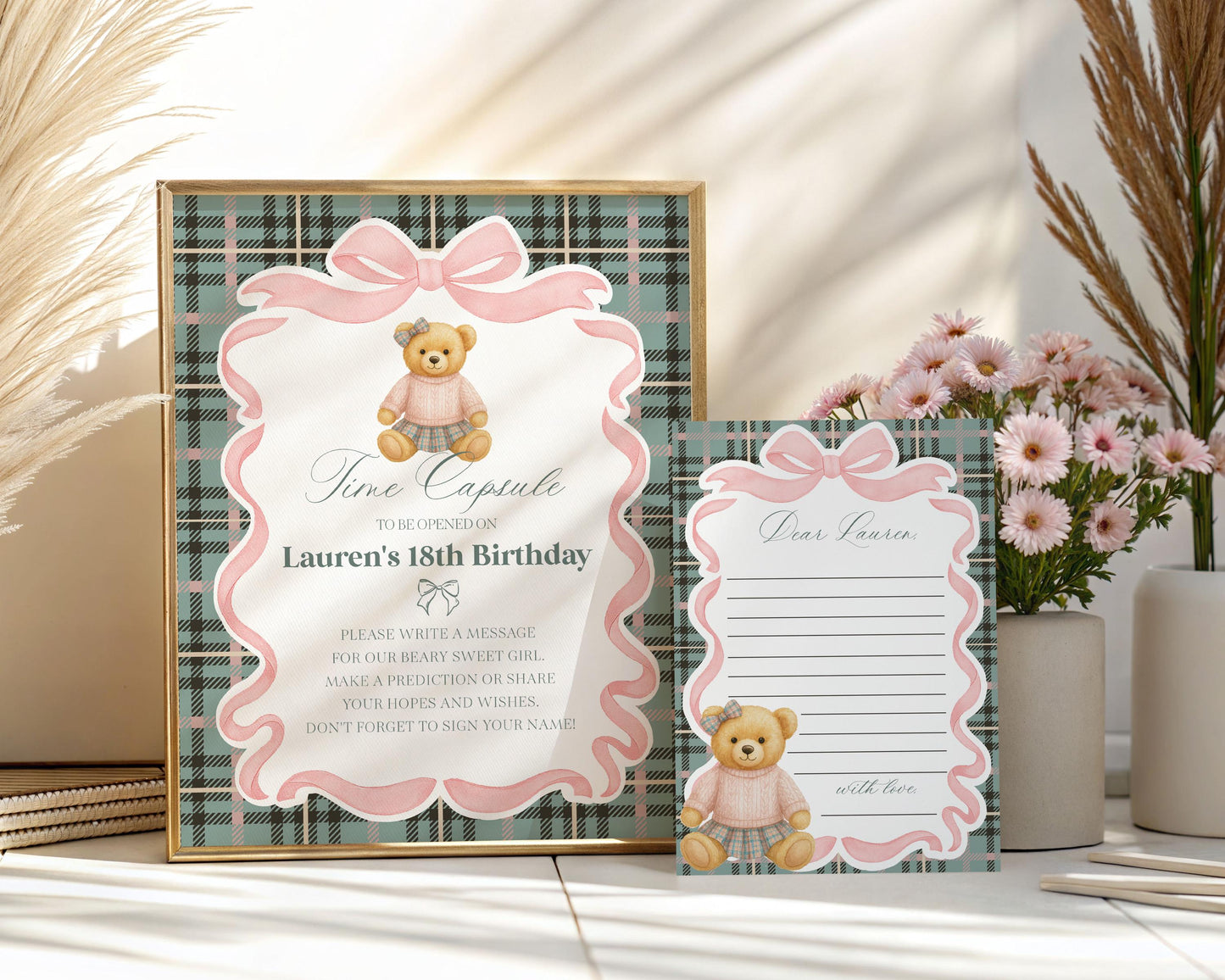Pink Coquette Bear Time Capsule Template, Beary First Birthday Decor, Old Money Birthday Party, Tartan Plaid Coquette Bow Party Decor WP1081