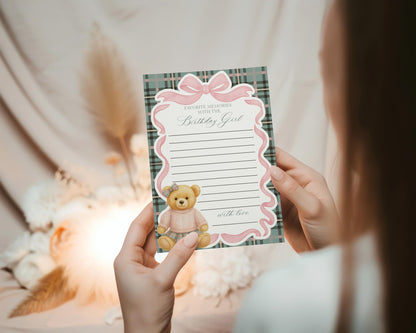 Pink Coquette Bear Favorite Memories Birthday Template, Old Money Teddy Bear Birthday Party, Tartan Plaid Bow Party Game WP1081