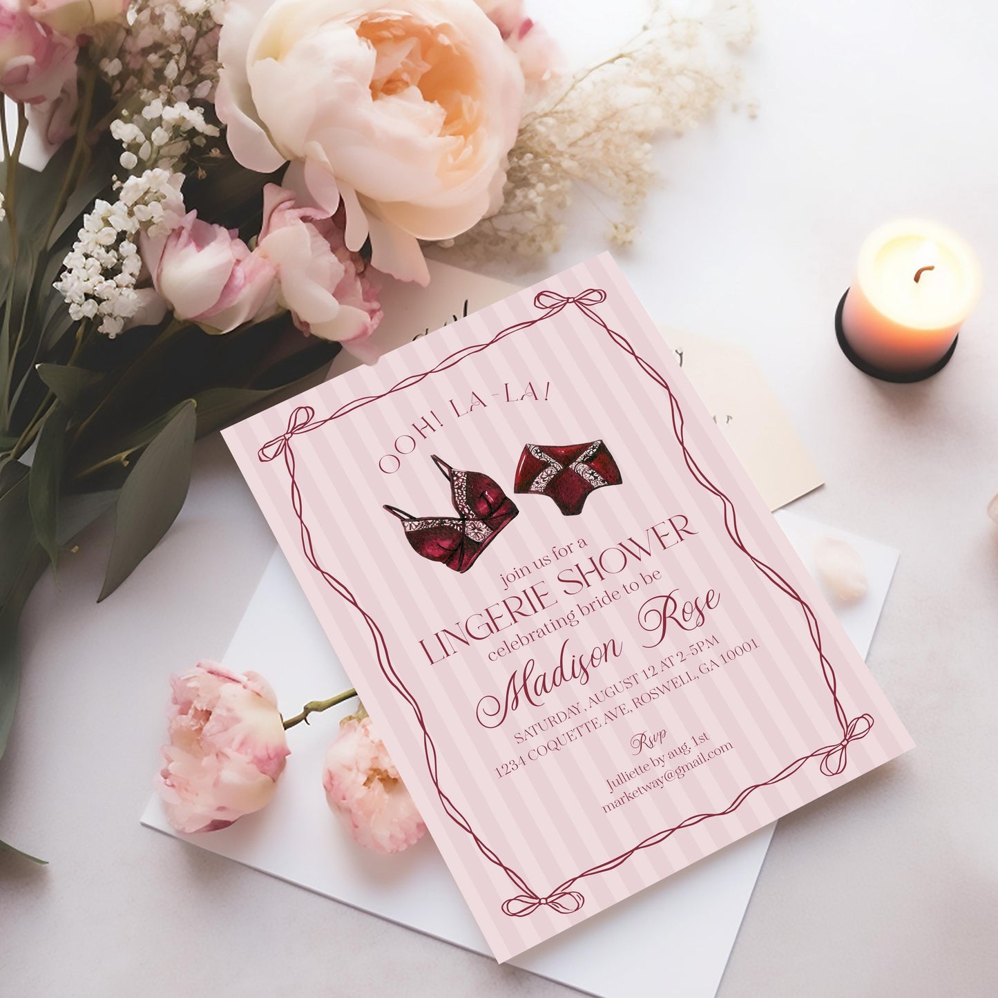 Burgundy Lingerie Shower Invitation Template, Lace Panty Party Bachelorette Party, Oh la la French Bridal Shower, Spoil Her WP1076