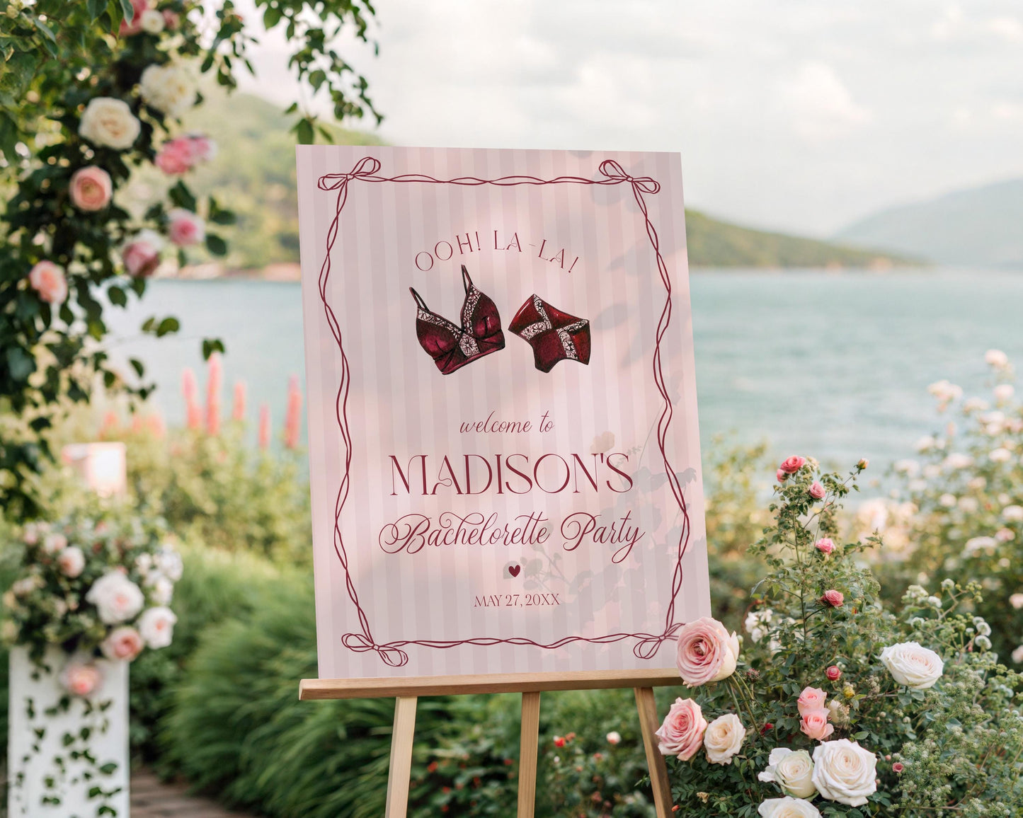 Burgundy Lingerie Bachelorette Party Welcome Sign Template, Lace Panty Party Lingerie Shower, Oh la la French Bridal Shower Spoil Her WP1076