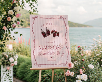 Burgundy Lingerie Bachelorette Party Welcome Sign Template, Lace Panty Party Lingerie Shower, Oh la la French Bridal Shower Spoil Her WP1076