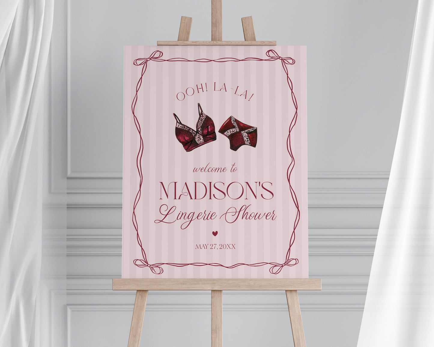 Burgundy Lingerie Shower Welcome Sign Template, Lace Panty Party Bachelorette Party, Oh la la French Bridal Shower, Spoil Her WP1076