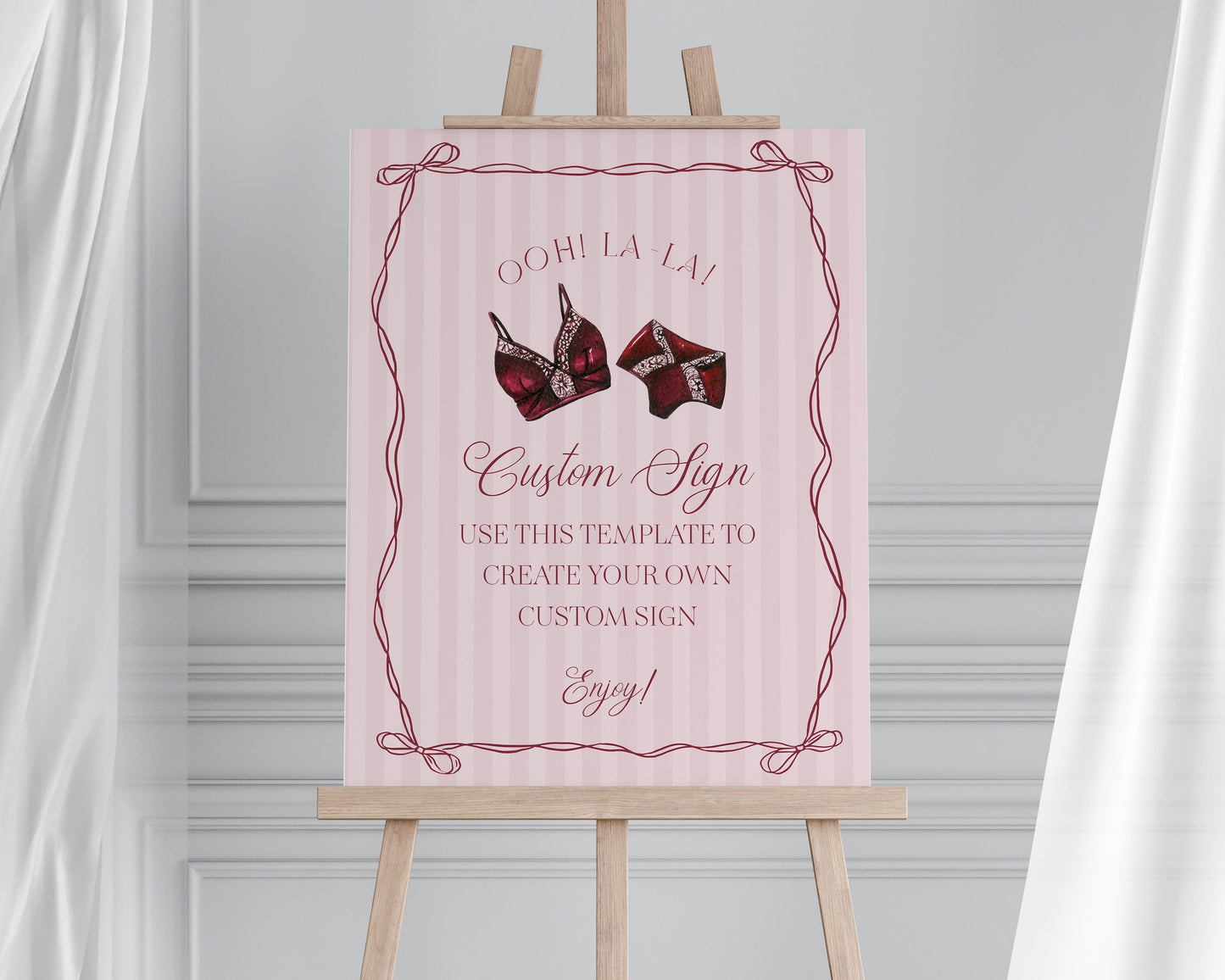 Burgundy Lingerie Shower Custom Sign Template, Lace Panty Party Bachelorette Party, Oh la la French Bridal Shower, Spoil Her WP1076