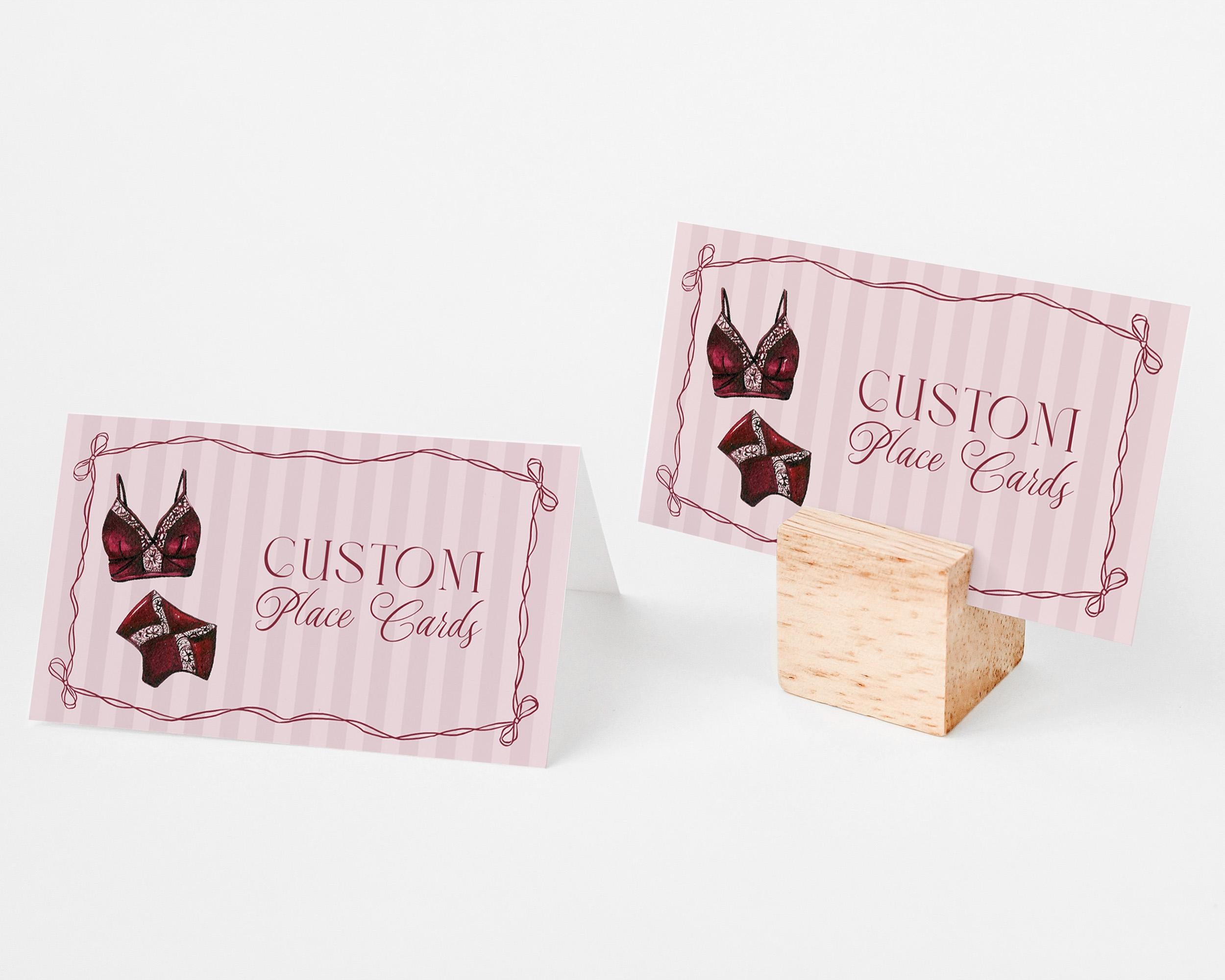 Burgundy Lingerie Shower Place Cards Template, Lace Panty Party Bachelorette Party, Oh la la French Bridal Shower, Spoil Her WP1076