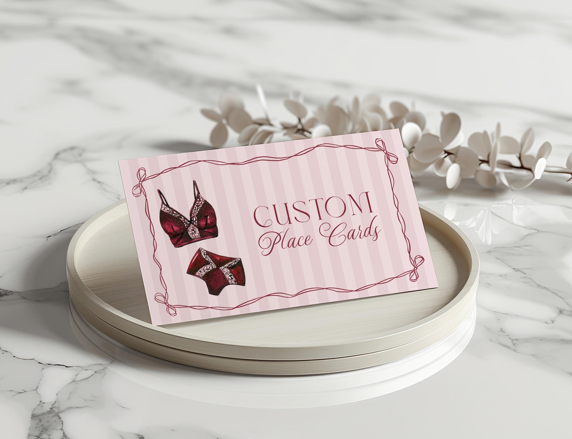 Burgundy Lingerie Shower Place Cards Template, Lace Panty Party Bachelorette Party, Oh la la French Bridal Shower, Spoil Her WP1076