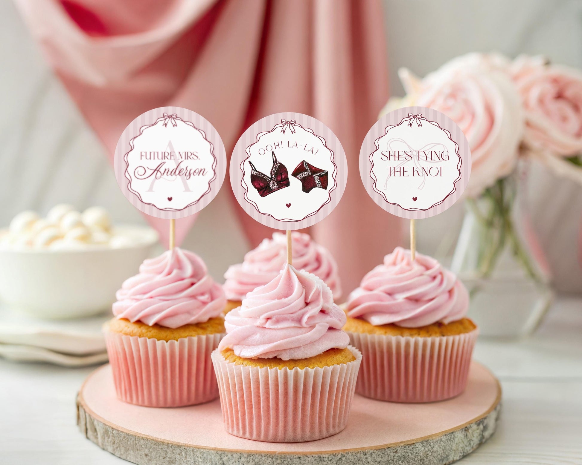 Burgundy Lingerie Shower Cupcake Topper Template, Lace Panty Party Bachelorette Party, Oh la la French Bridal Shower, Spoil Her WP1076