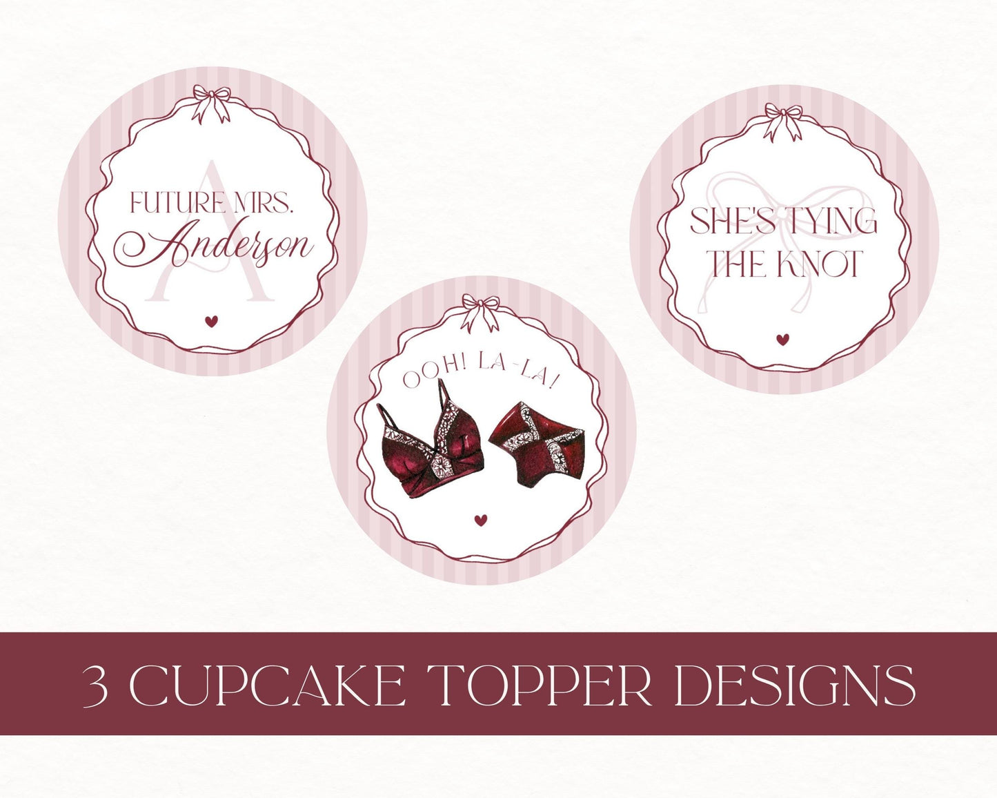 Burgundy Lingerie Shower Cupcake Topper Template, Lace Panty Party Bachelorette Party, Oh la la French Bridal Shower, Spoil Her WP1076
