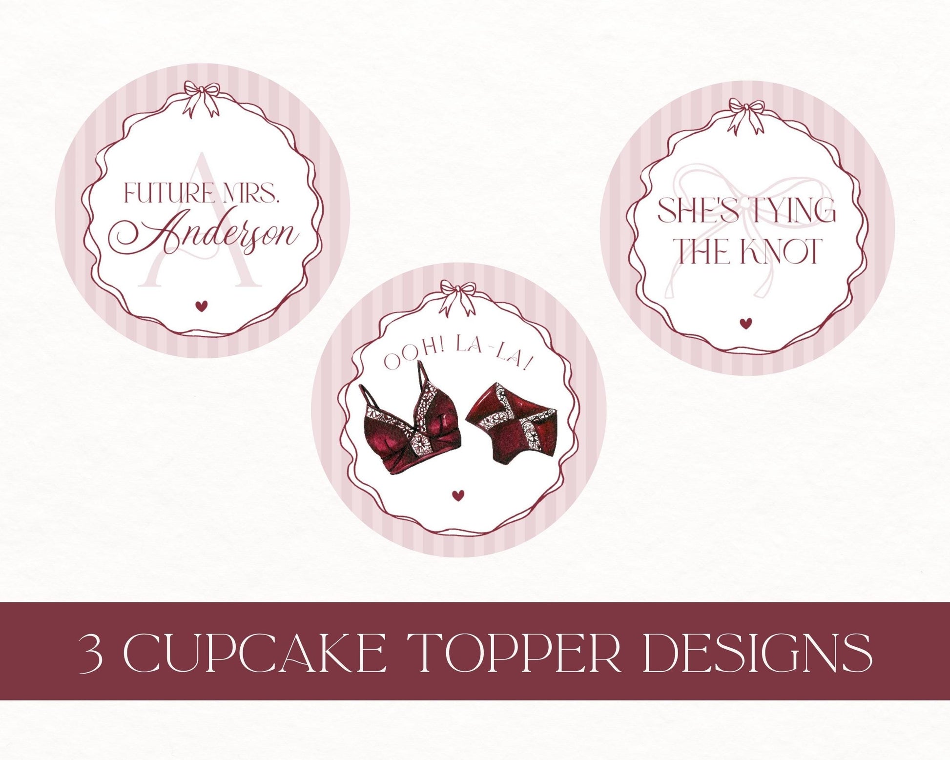 Burgundy Lingerie Shower Cupcake Topper Template, Lace Panty Party Bachelorette Party, Oh la la French Bridal Shower, Spoil Her WP1076