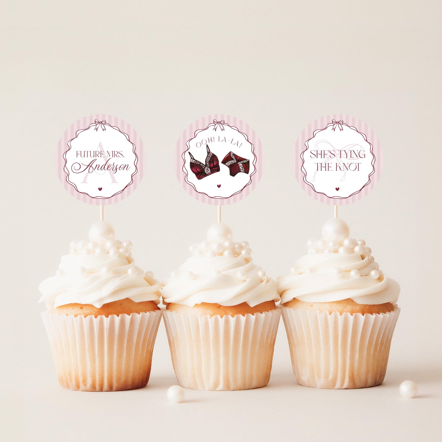 Burgundy Lingerie Shower Cupcake Topper Template, Lace Panty Party Bachelorette Party, Oh la la French Bridal Shower, Spoil Her WP1076