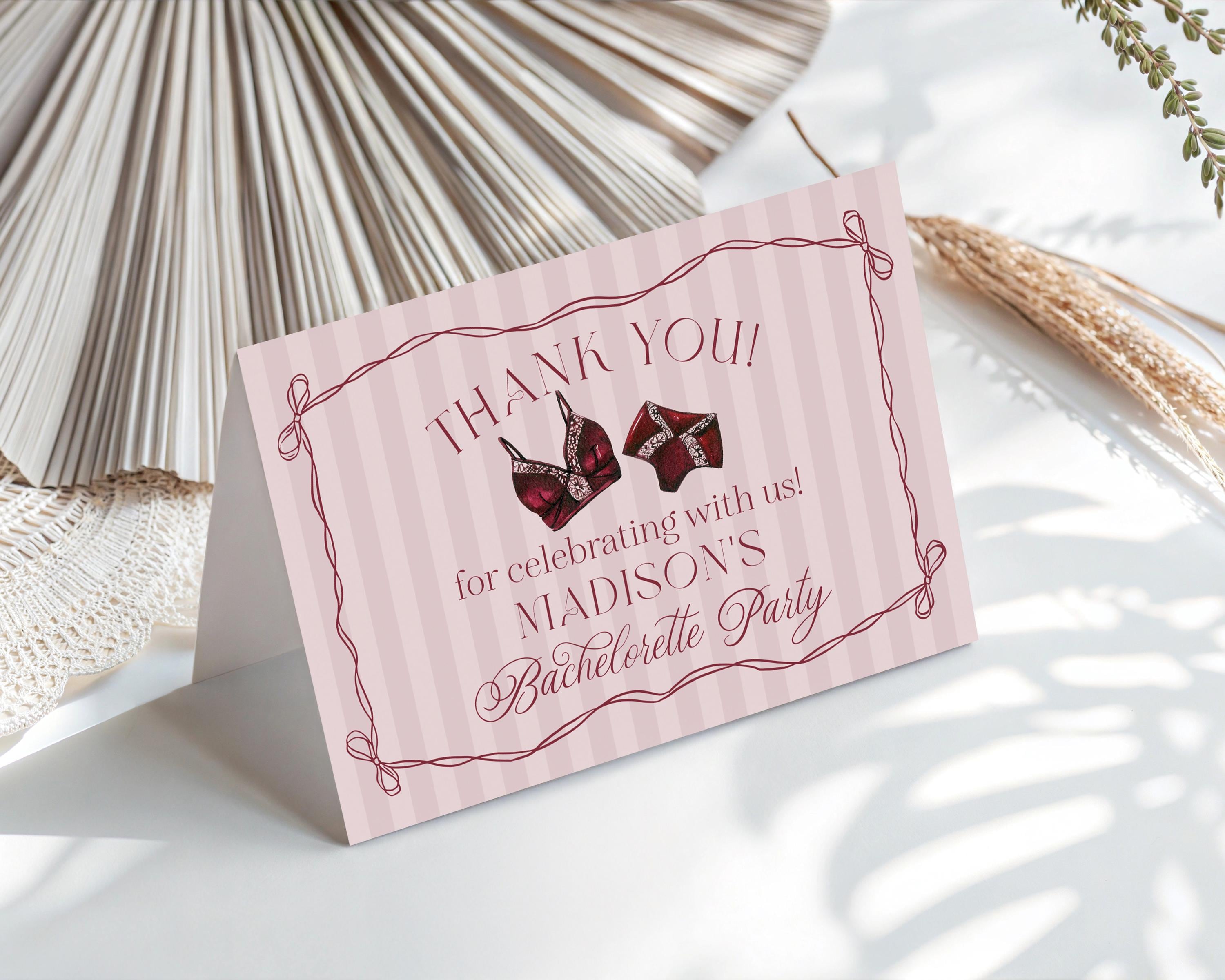 Burgundy Lingerie Shower Thank You Card Template, Lace Panty Party Bachelorette Party, Oh la la French Bridal Shower, Spoil Her WP1076