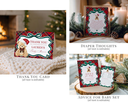 Red Tartan Plaid Christmas Bear Baby Shower Bundle Template, We Can Bearly Wait Christmas Baby Sprinkle, December Plaid Bear Nesting WP1082