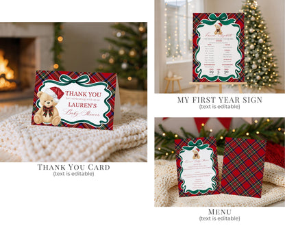 Red Tartan Plaid Christmas Bear 1st Birthday Bundle Template, Beary First Birthday Christmas Bday Party Decor, December Plaid Bear WP1082
