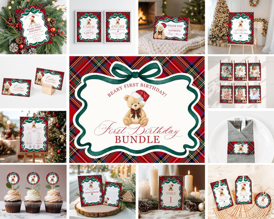 Red Tartan Plaid Christmas Bear 1st Birthday Bundle Template, Beary First Birthday Christmas Bday Party Decor, December Plaid Bear WP1082