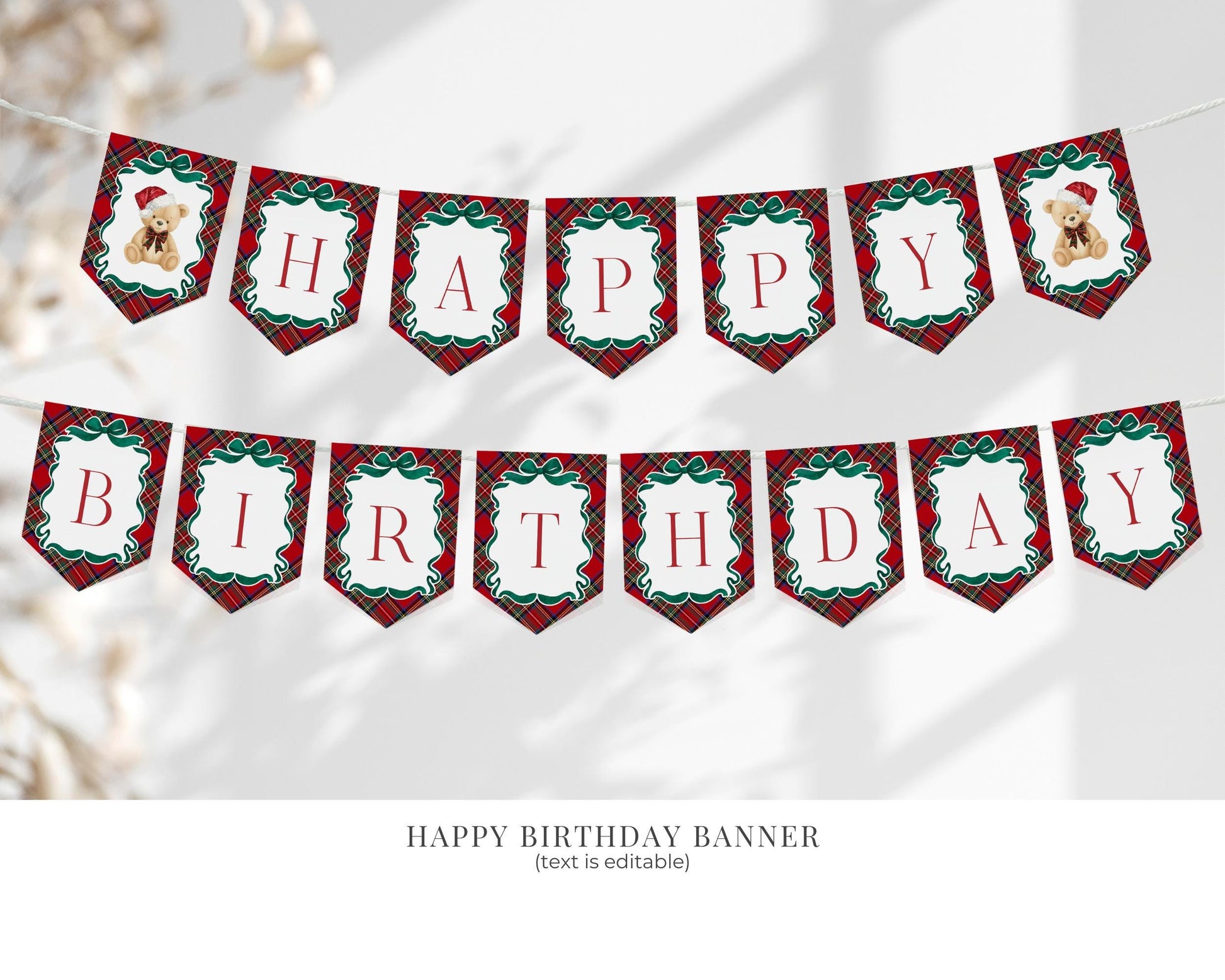 Red Tartan Plaid Christmas Bear 1st Birthday Bundle Template, Beary First Birthday Christmas Bday Party Decor, December Plaid Bear WP1082