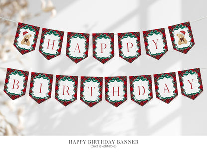 Red Tartan Plaid Christmas Bear 1st Birthday Bundle Template, Beary First Birthday Christmas Bday Party Decor, December Plaid Bear WP1082