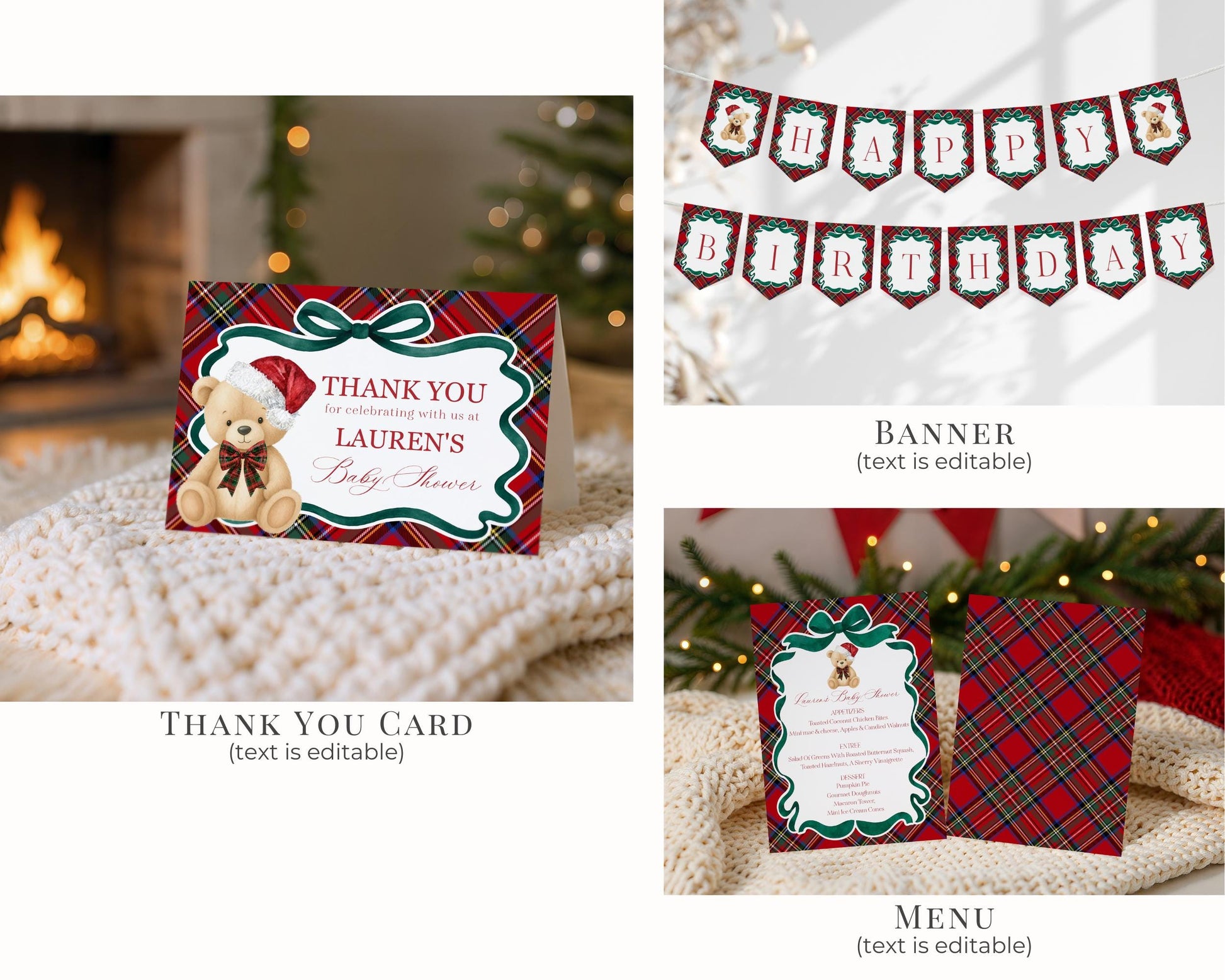 Red Tartan Plaid Christmas Bear Birthday Bundle Template, Christmas Teddy Bear Birthday Party, December Plaid Bear Party Decorations WP1082