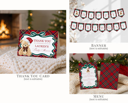 Red Tartan Plaid Christmas Bear Birthday Bundle Template, Christmas Teddy Bear Birthday Party, December Plaid Bear Party Decorations WP1082