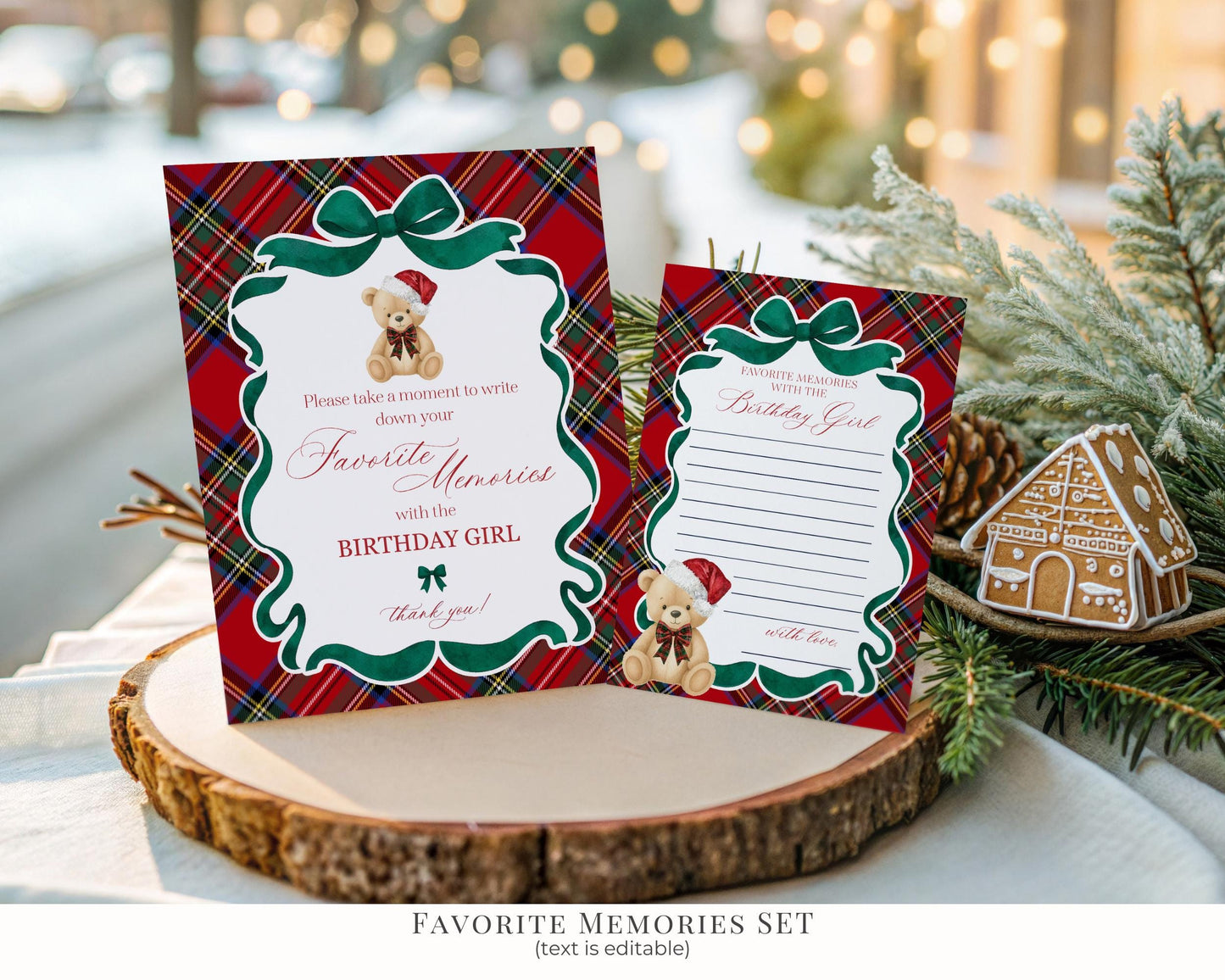 Red Tartan Plaid Christmas Bear Birthday Bundle Template, Christmas Teddy Bear Birthday Party, December Plaid Bear Party Decorations WP1082