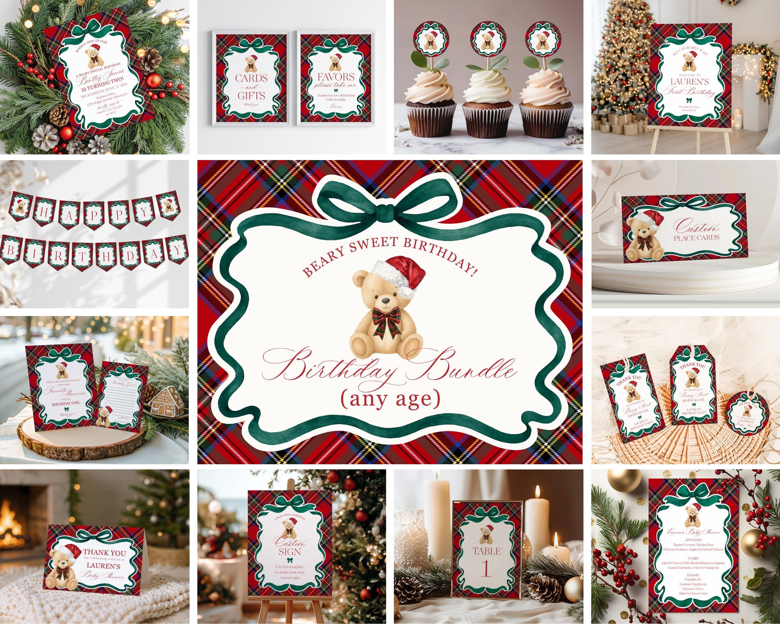 Red Tartan Plaid Christmas Bear Birthday Bundle Template, Christmas Teddy Bear Birthday Party, December Plaid Bear Party Decorations WP1082