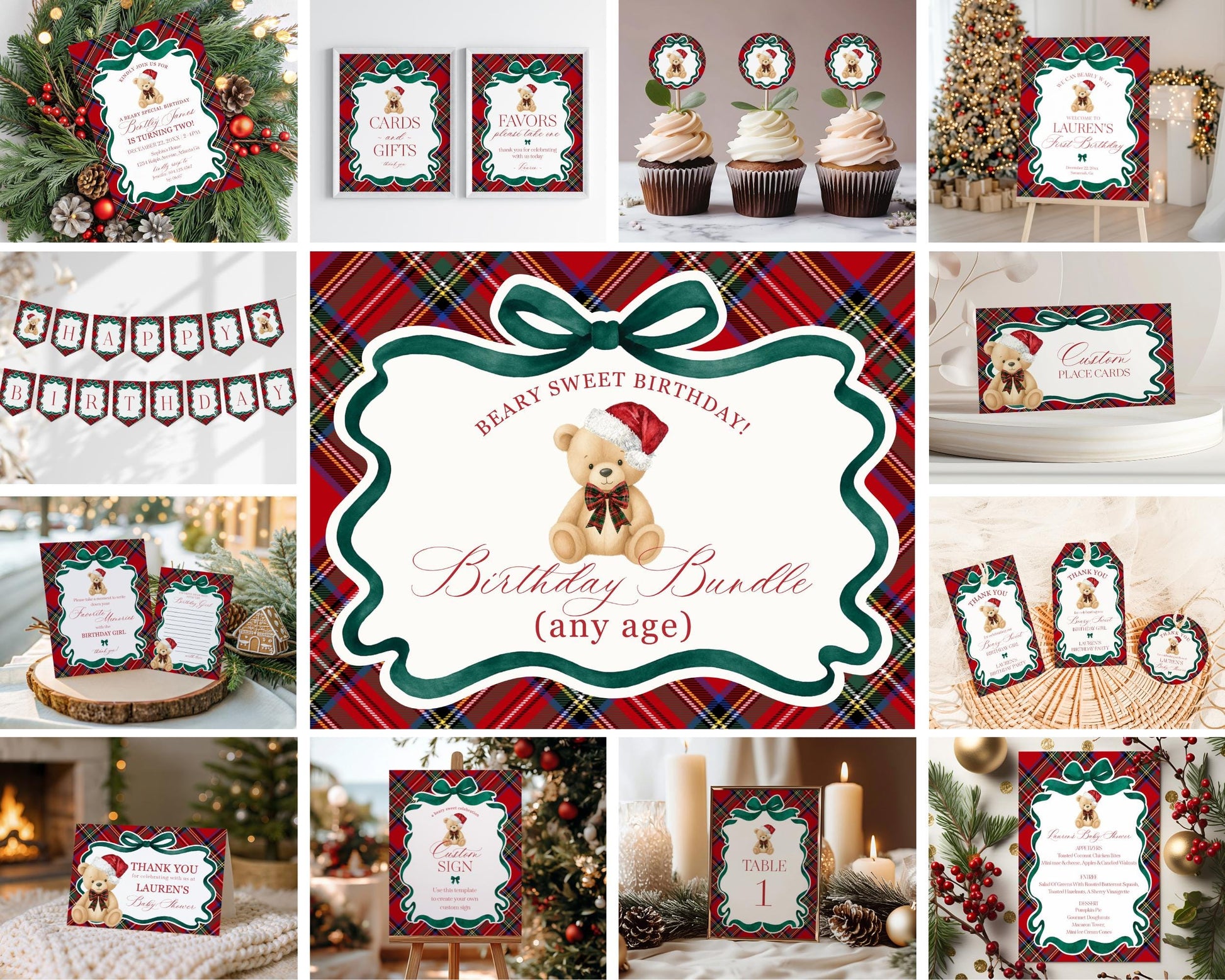 Red Tartan Plaid Christmas Bear Birthday Bundle Template, Christmas Teddy Bear Birthday Party, December Plaid Bear Party Decorations WP1082