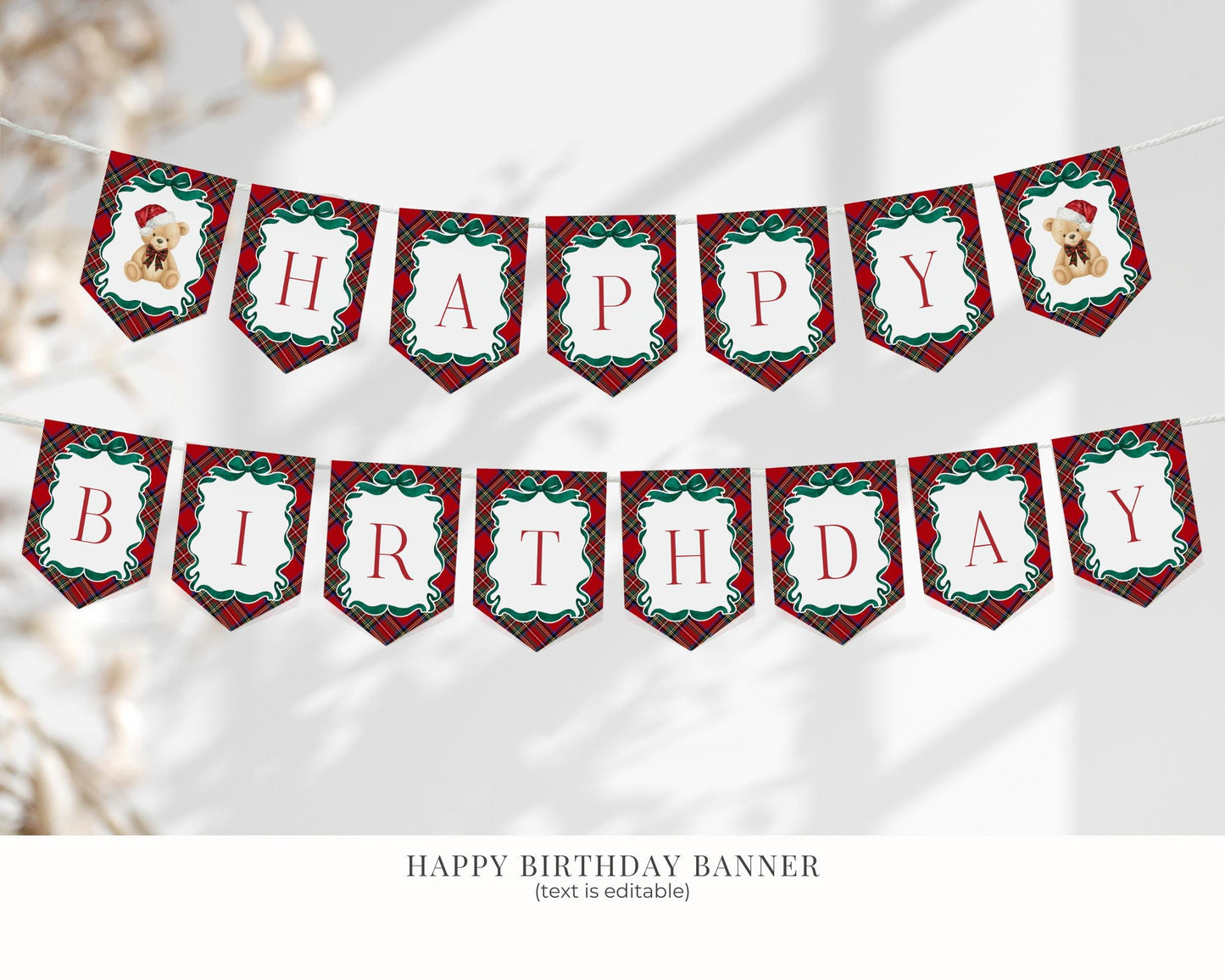 Red Tartan Plaid Christmas Bear Birthday Bundle Template, Christmas Teddy Bear Birthday Party, December Plaid Bear Party Decorations WP1082