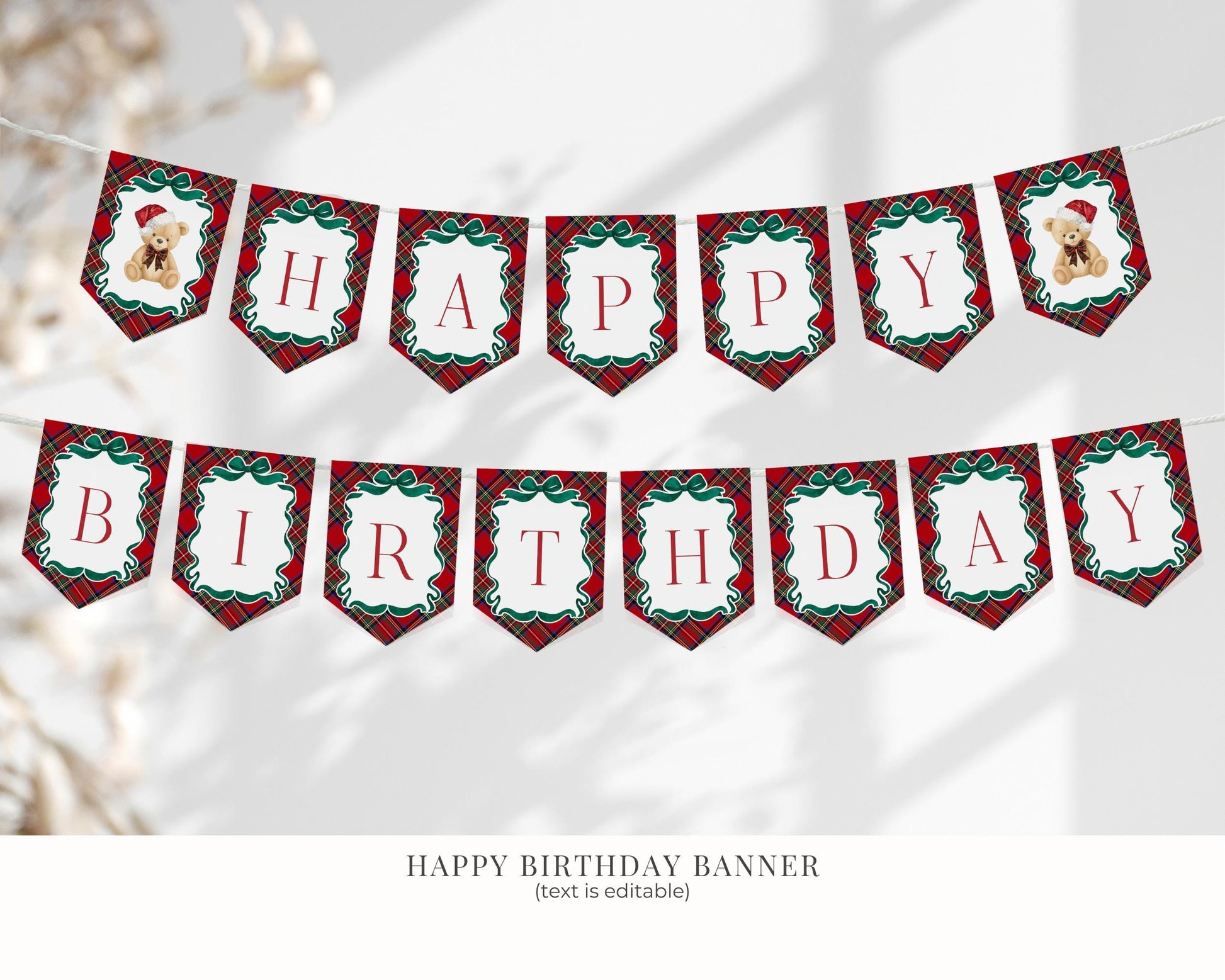 Red Tartan Plaid Christmas Bear Birthday Bundle Template, Christmas Teddy Bear Birthday Party, December Plaid Bear Party Decorations WP1082