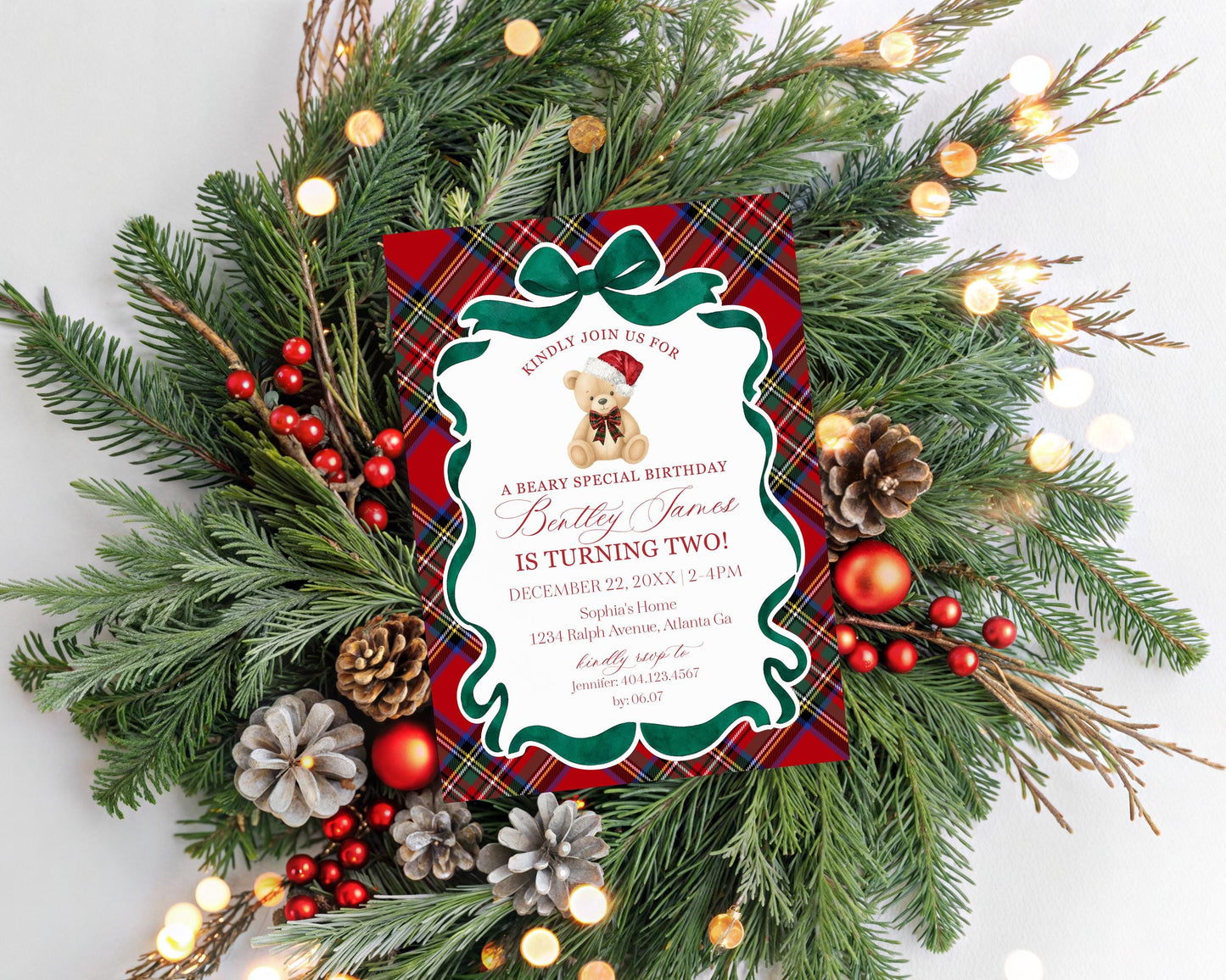 Red Tartan Plaid Christmas Bear Birthday Bundle Template, Christmas Teddy Bear Birthday Party, December Plaid Bear Party Decorations WP1082