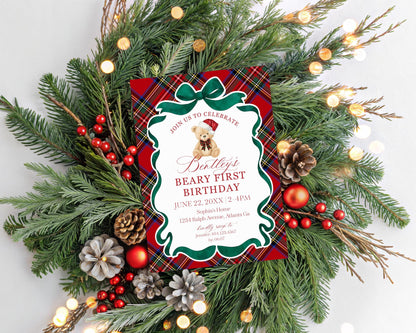 Red Tartan Plaid Christmas Bear 1st Birthday Invite Template, Beary First Birthday Christmas Birthday Party Decor, December Party WP1082
