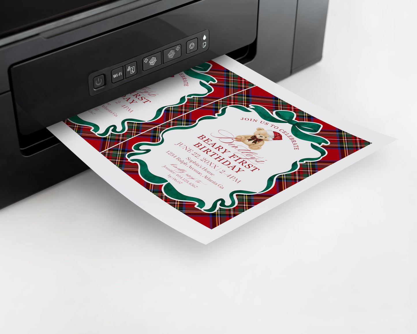 Red Tartan Plaid Christmas Bear 1st Birthday Invite Template, Beary First Birthday Christmas Birthday Party Decor, December Party WP1082