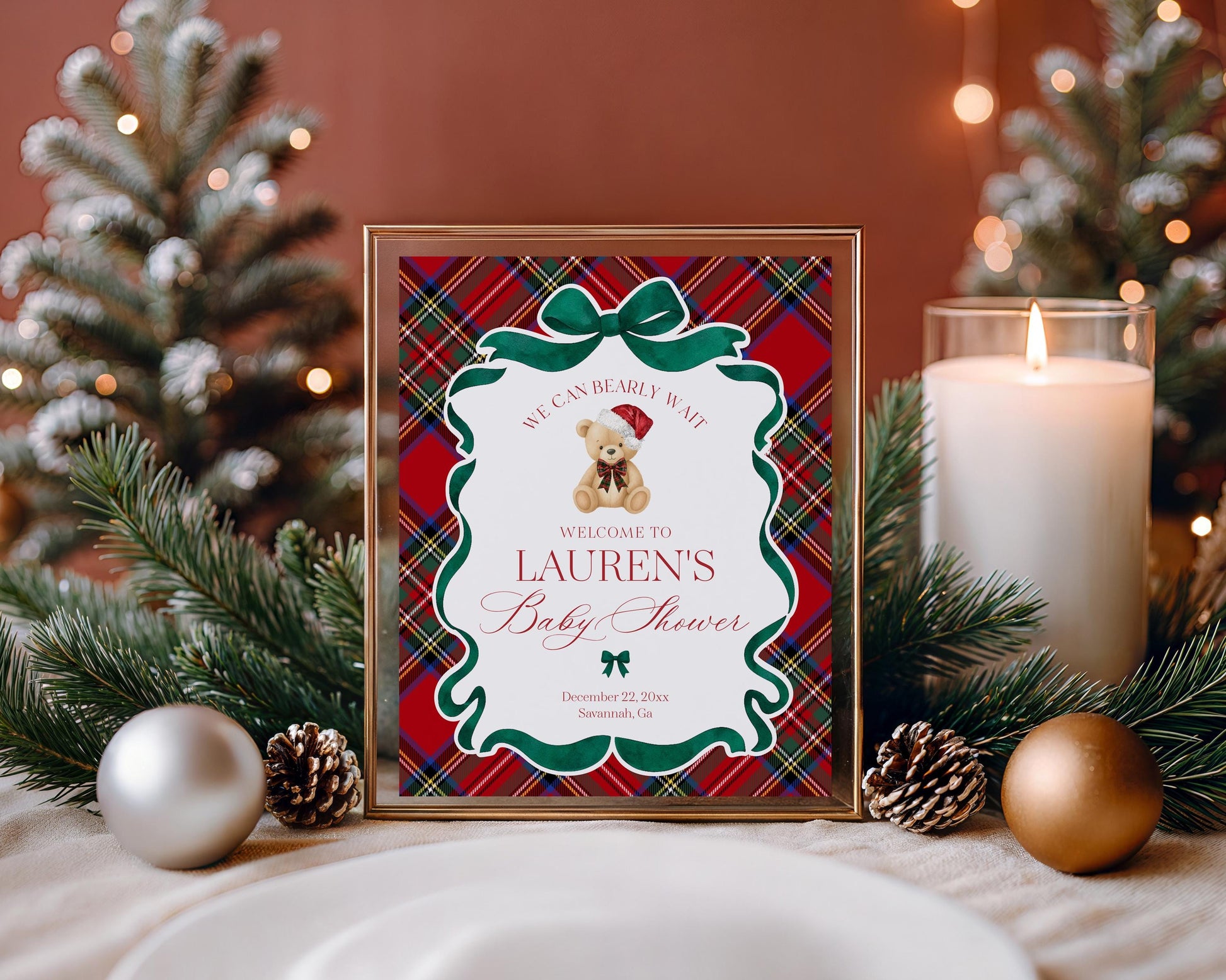 Red Tartan Plaid Christmas Bear Baby Shower Welcome Sign Template, We Can Bearly Wait Christmas Baby Sprinkle, December Nesting Party WP1082
