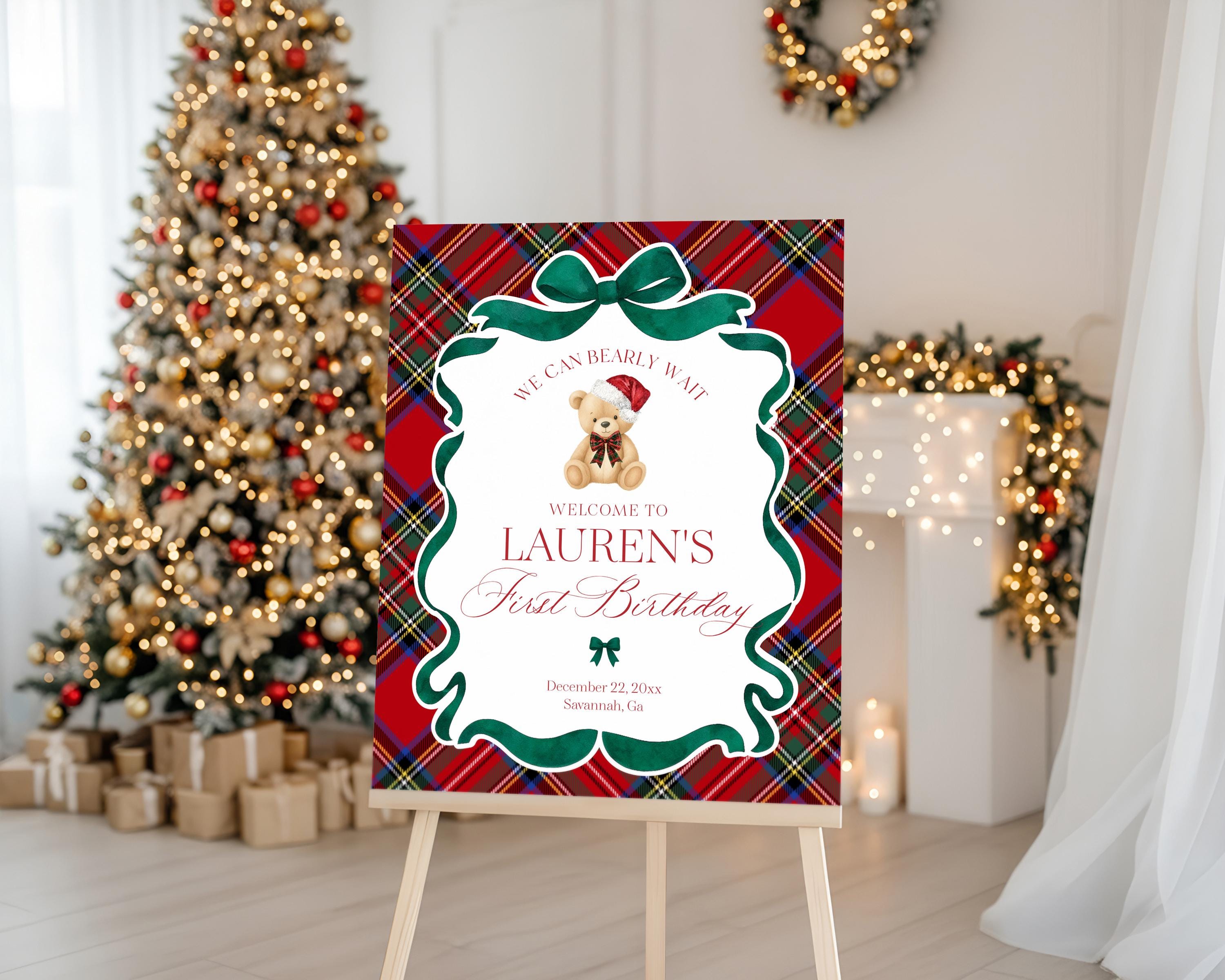 Red Tartan Plaid Christmas Bear Birthday Party Welcome Sign Template, Beary First Birthday Christmas Bday Party Decor, December Party WP1082