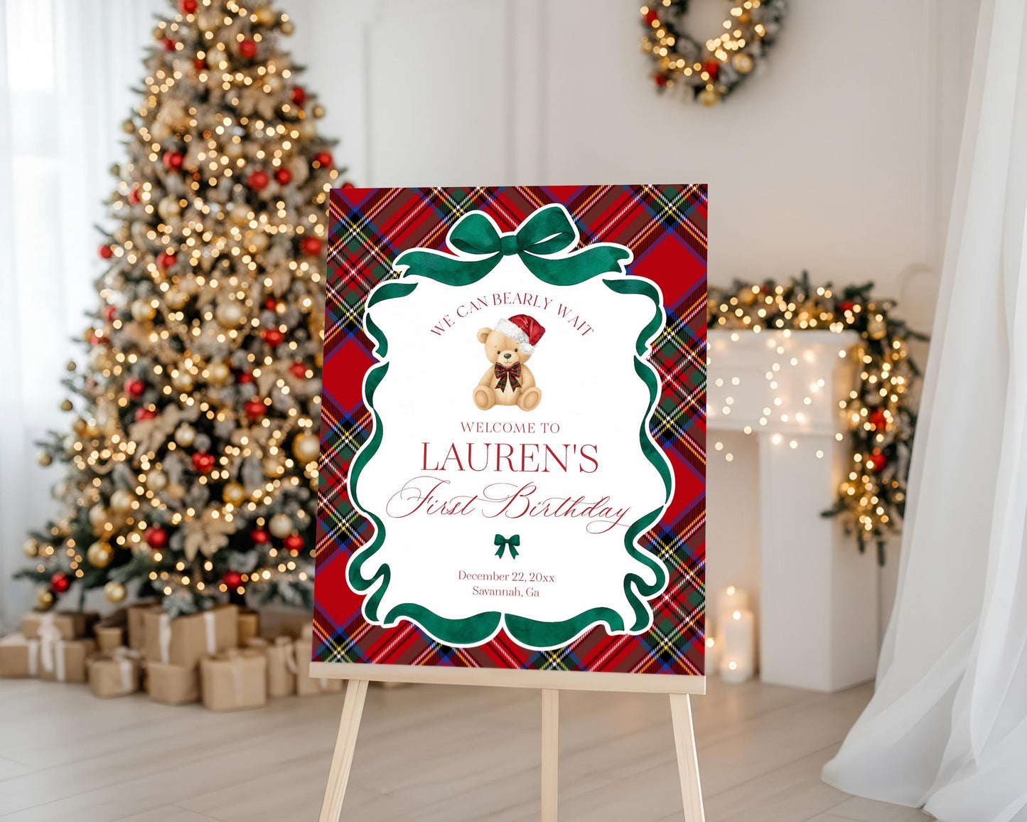 Red Tartan Plaid Christmas Bear Birthday Party Welcome Sign Template, Beary First Birthday Christmas Bday Party Decor, December Party WP1082