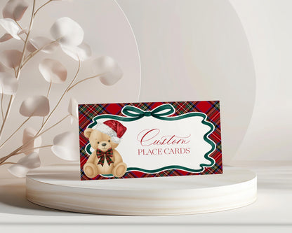 Red Tartan Plaid Christmas Bear Place Cards Template, We Can Bearly Wait Christmas Baby Shower, Beary First Birthday December Party WP1082