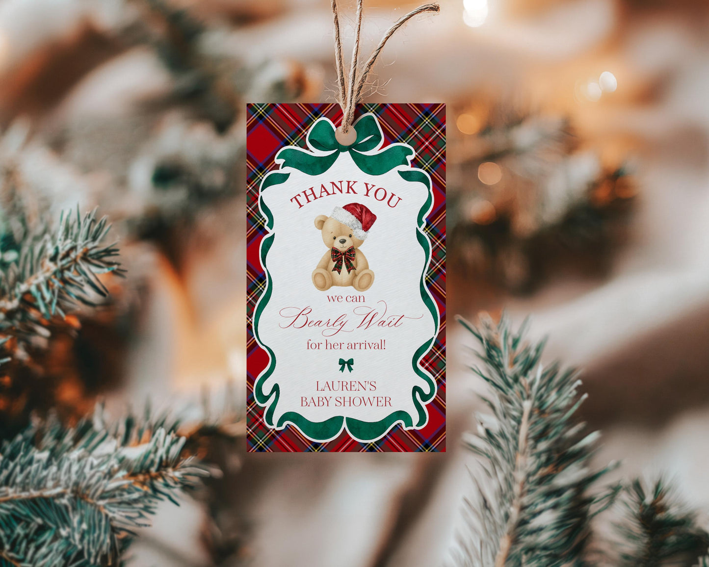Red Tartan Plaid Christmas Bear Baby Shower Favor Tags Template, We Can Bearly Wait Christmas Baby Sprinkle, December Nesting Party WP1082