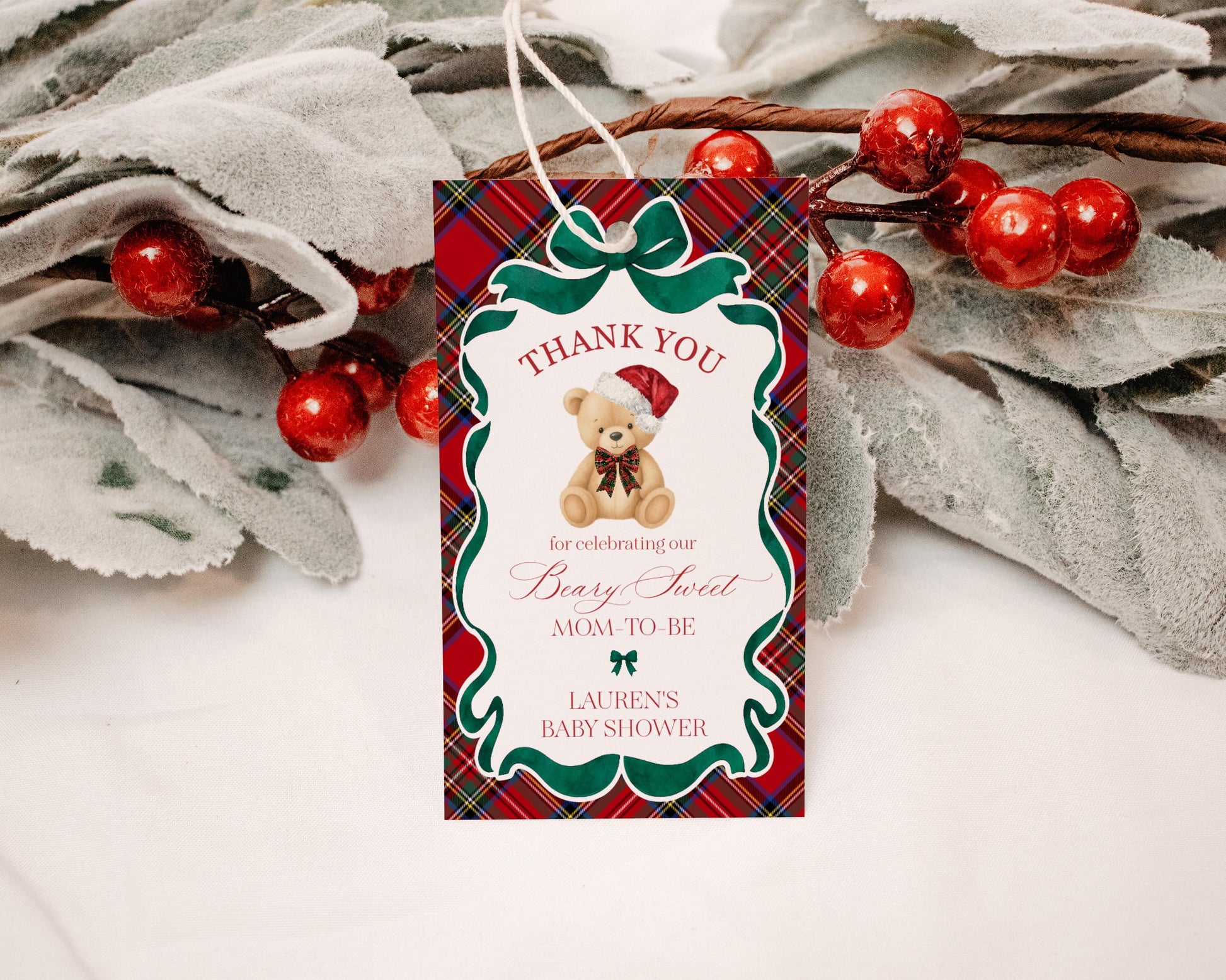 Red Tartan Plaid Christmas Bear Baby Shower Favor Tags Template, We Can Bearly Wait Christmas Baby Sprinkle, December Nesting Party WP1082