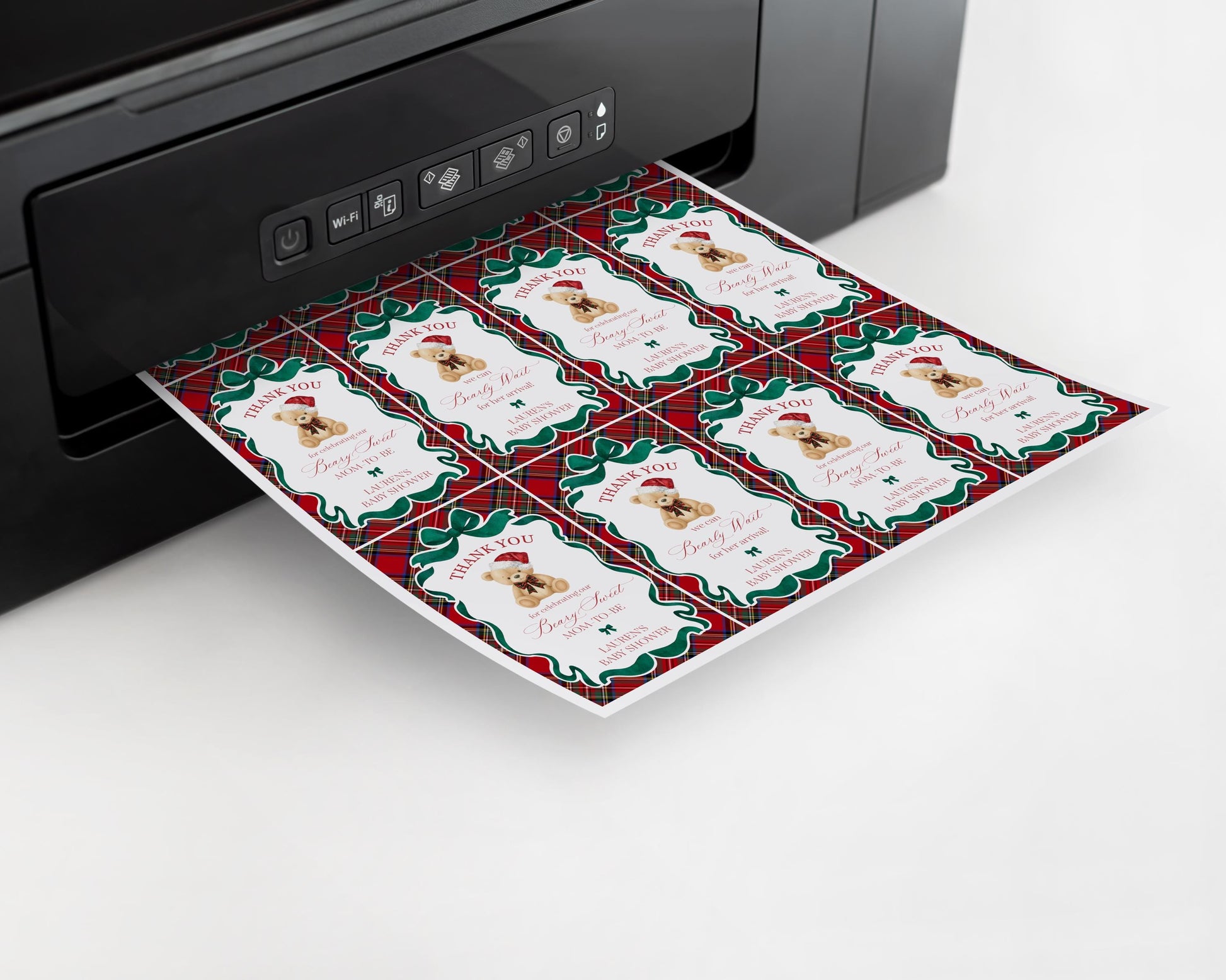 Red Tartan Plaid Christmas Bear Baby Shower Favor Tags Template, We Can Bearly Wait Christmas Baby Sprinkle, December Nesting Party WP1082