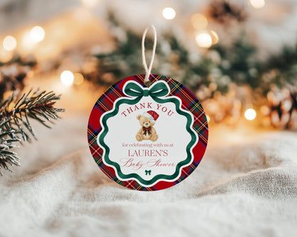 Red Tartan Plaid Christmas Bear Baby Shower Favor Tags Template, We Can Bearly Wait Christmas Baby Sprinkle, December Nesting Party WP1082