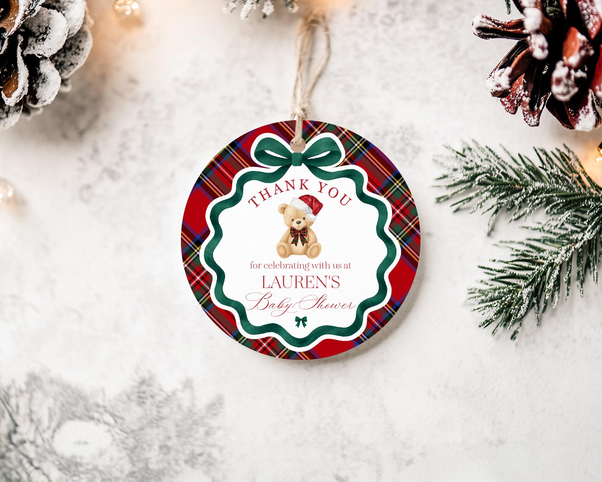 Red Tartan Plaid Christmas Bear Birthday Party Favor Tags Template, Beary First Birthday Christmas December Party Decor WP1082