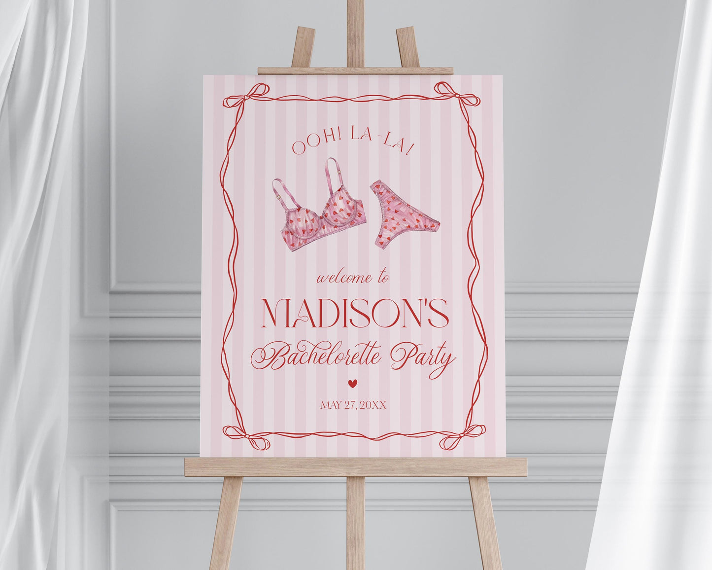 Red Heart Lingerie Bachelorette Party Welcome Sign Template, Pink Panty Party Lingerie Shower, Sweetheart February Bridal Shower WP1077