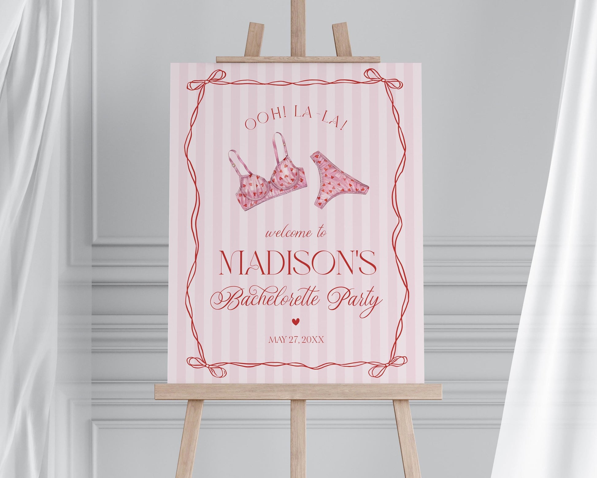 Red Heart Lingerie Bachelorette Party Welcome Sign Template, Pink Panty Party Lingerie Shower, Sweetheart February Bridal Shower WP1077