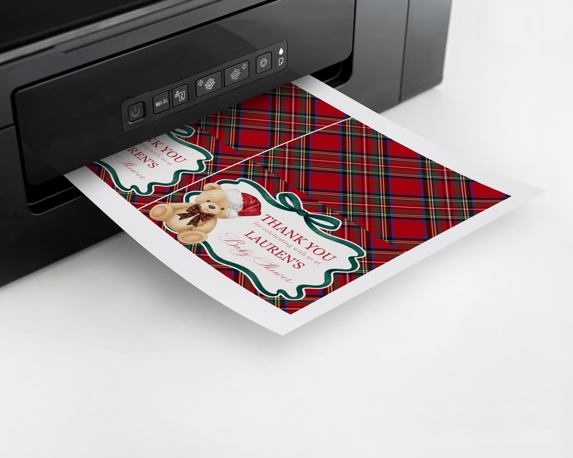 Red Tartan Plaid Christmas Bear Thank You Card Template, We Can Bearly Wait Christmas Baby Shower, December Beary First Birthday WP1082