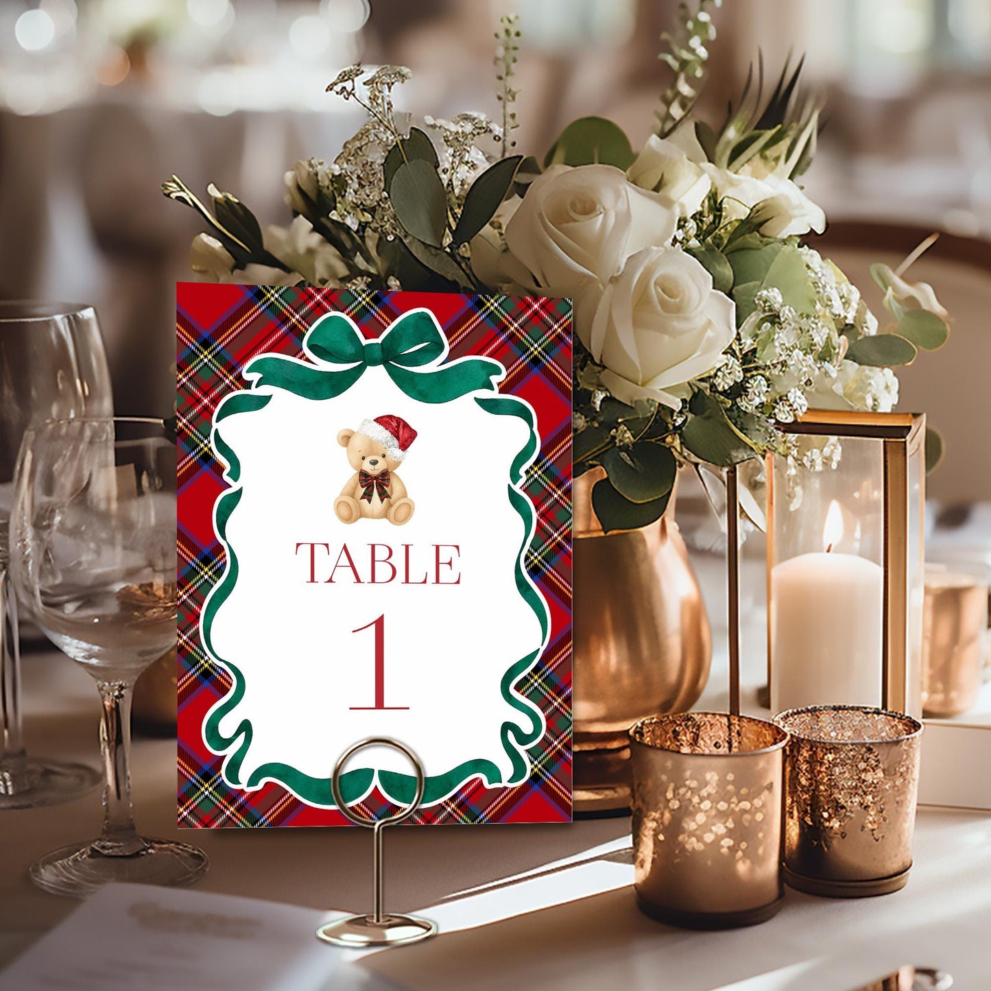 Red Tartan Plaid Christmas Bear Table Number Cards Template, We Can Bearly Wait Christmas Baby Shower, December Beary First Birthday WP1082
