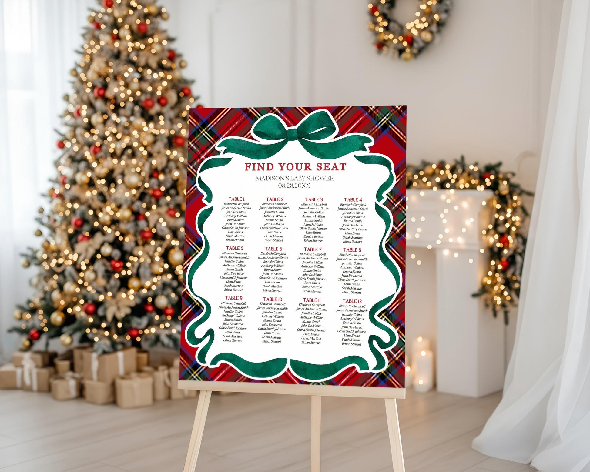 Red Tartan Plaid Christmas Bear Seating Chart Poster Template, We Can Bearly Wait Christmas Baby Shower, December Beary 1st Birthday WP1082
