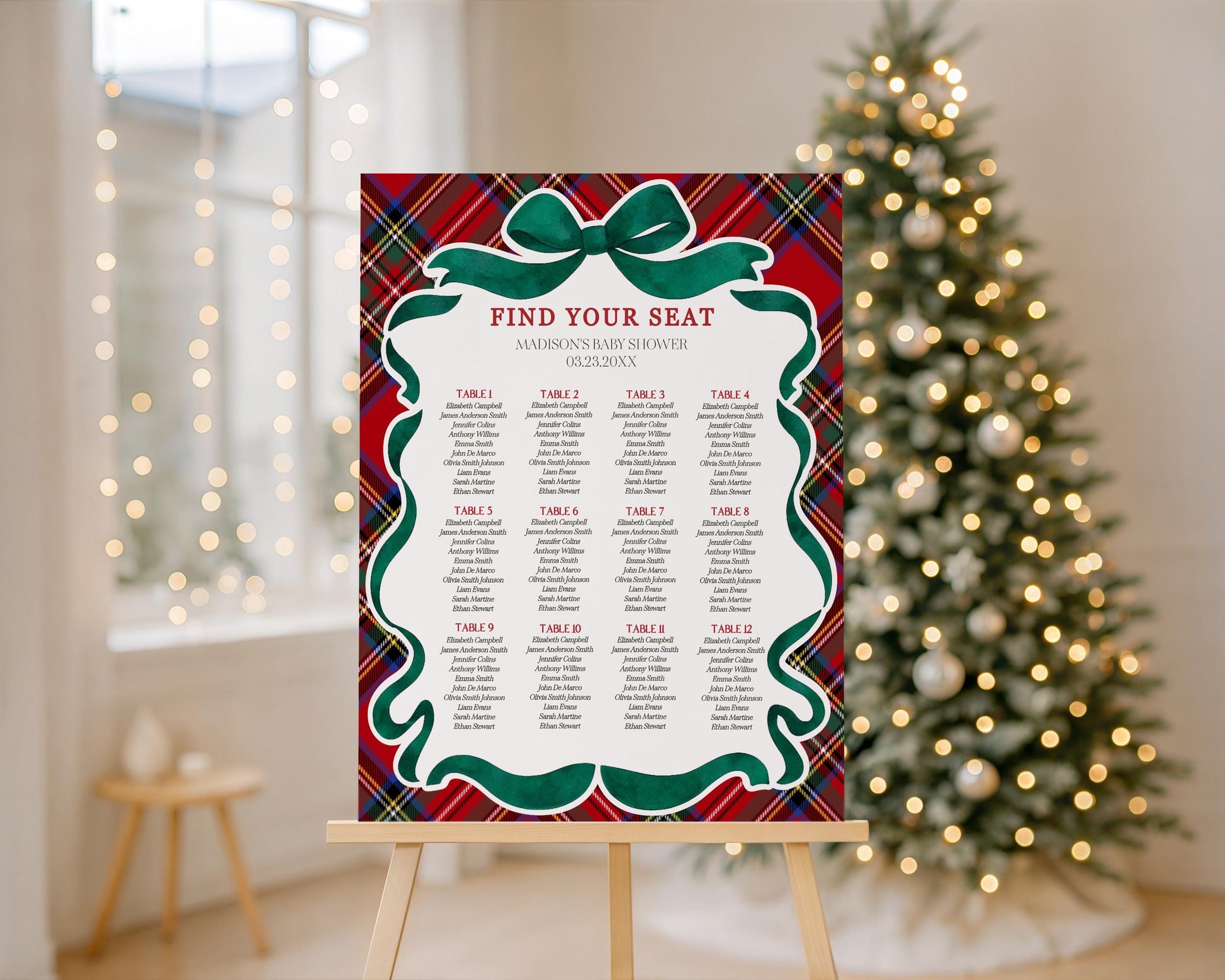 Red Tartan Plaid Christmas Bear Seating Chart Cards Template, We Can Bearly Wait Christmas Baby Shower, December Beary 1st Birthday WP1082
